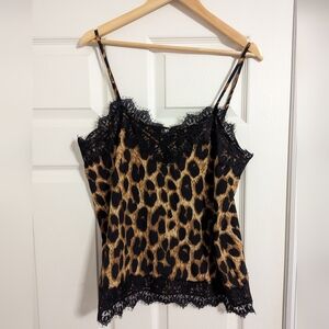 ee:some camisole black brown leopard print black lace size large NWT